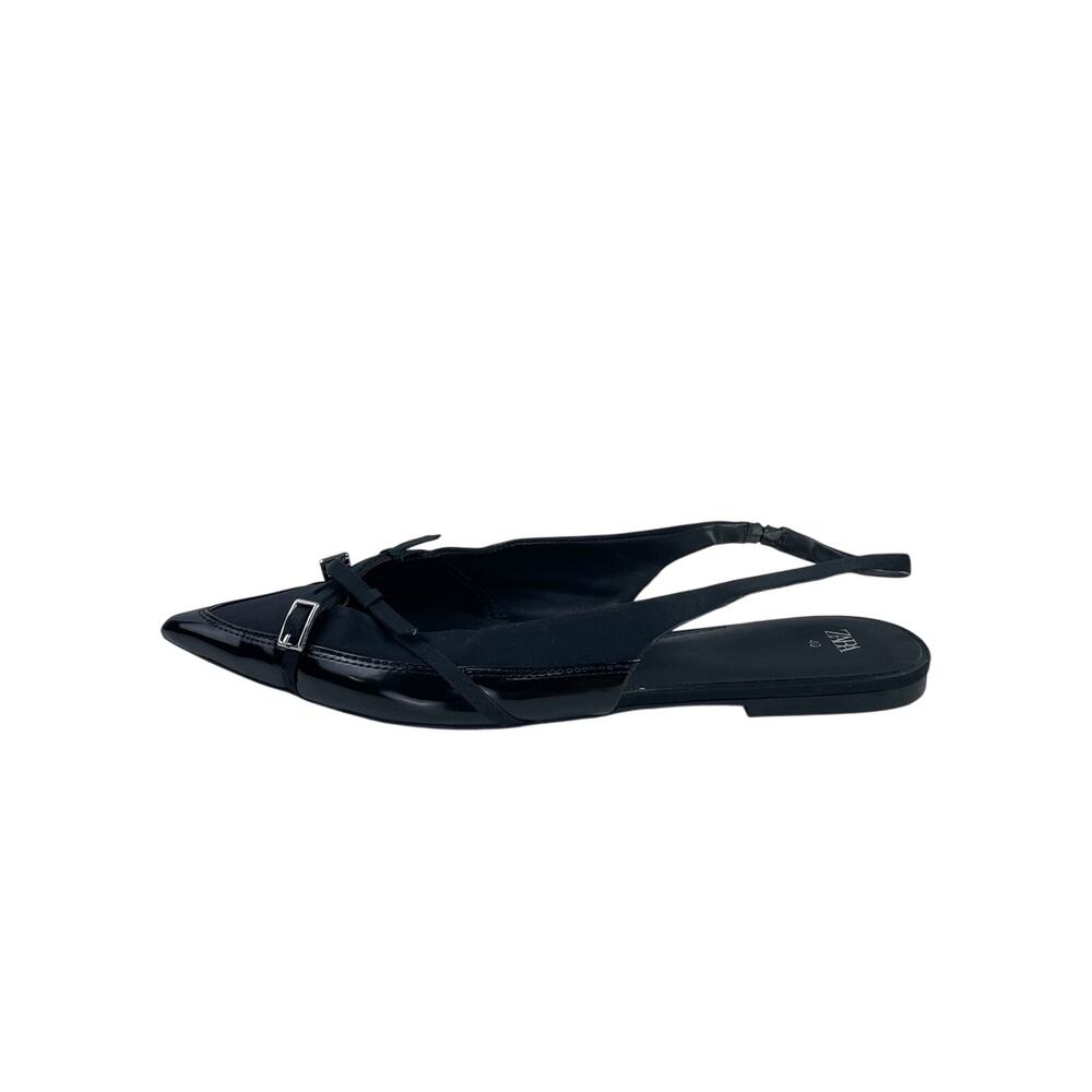 Zara Women's Black Faux Leather Pointed Toe Slingback Buckle Flat Sandals Size 9